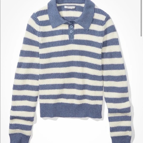 American Eagle Size Small White Blue Striped Henley Knit Sweater NWT - Picture 1 of 9